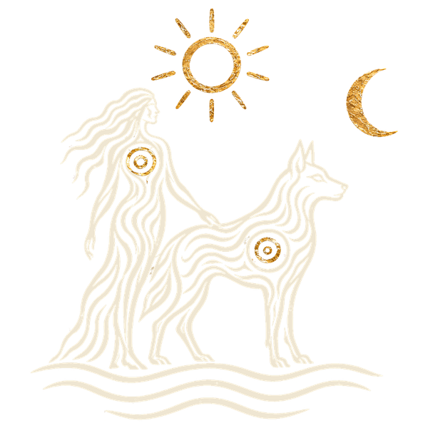 Zeichen: Frau und Hund stehen auf einer Welle, darüber Sonne und Mond
